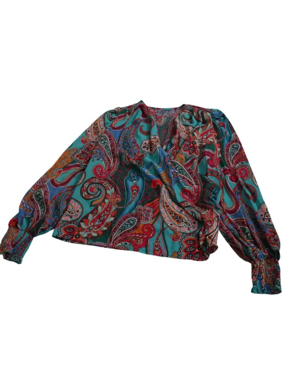 Shein Paisley Long Sleeve Faux Wrap Blouse Women Size M 6 Multicolor Blue Green - Picture 2 of 12
